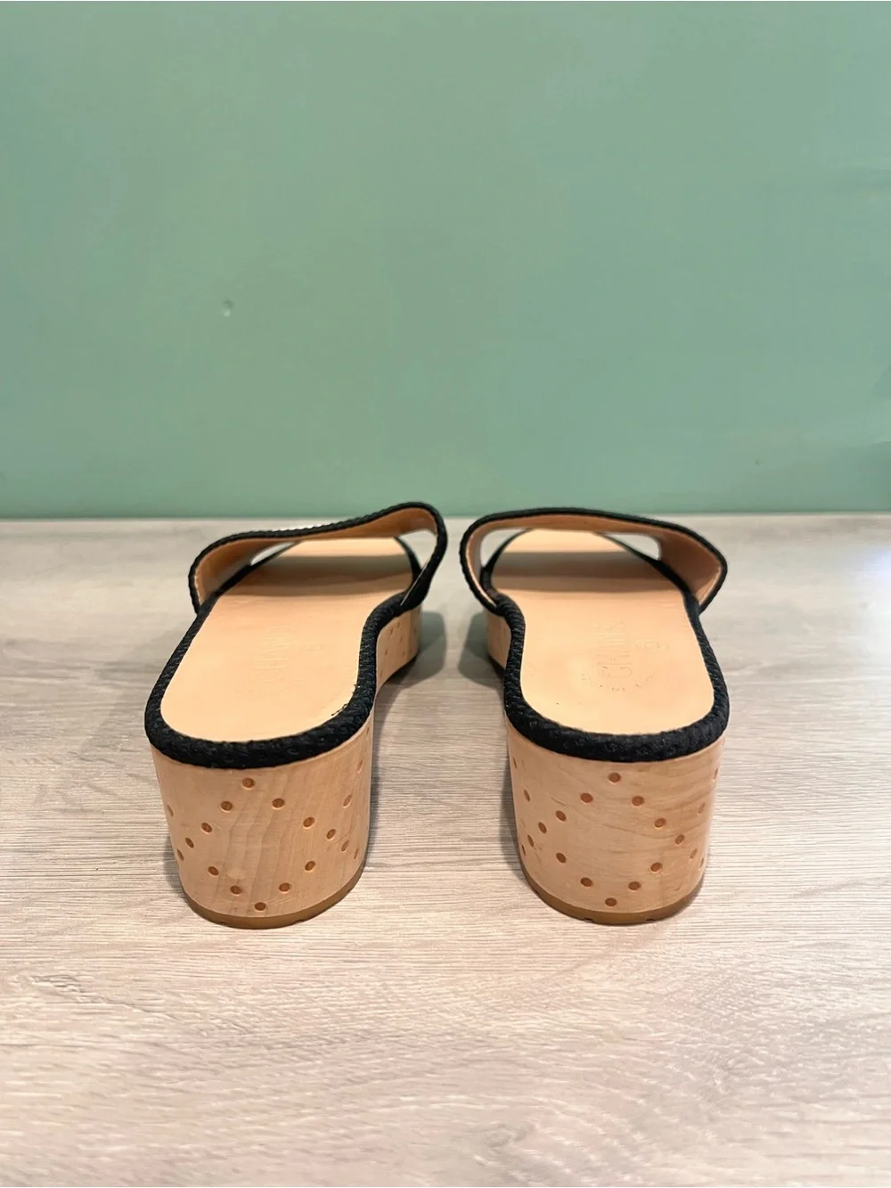 CHANEL Black Slide Mule with White CC Accent Wood Platform Clogs